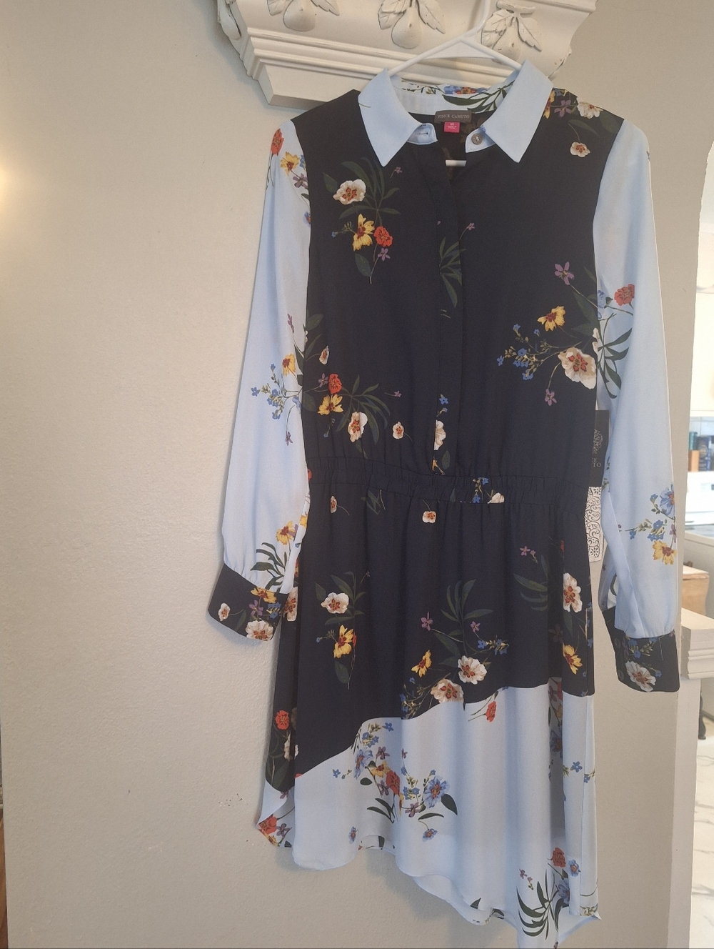 Vince Camuto Navy & Light Blue Floral Panel Long-Sleeve Dress